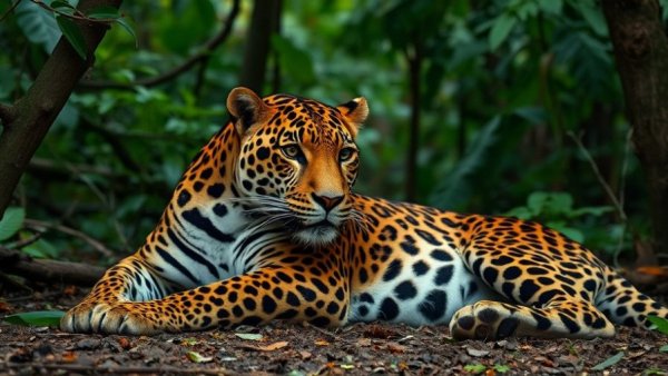 Calm jaguar in forest highlighting nature's beauty