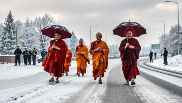 Buddhist monks Peace Walk in snow under police escort with umbrellas.