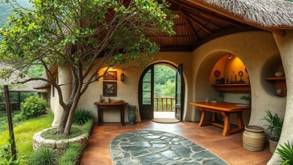 Eco-friendly homestay in India with rustic design amid lush mountains.