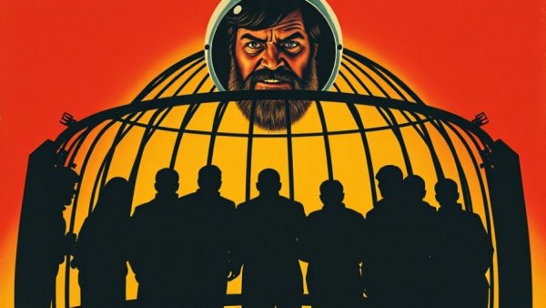 Stylized 1960s movie poster with cage and man in space suit, vibrant colors.