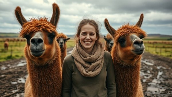 Cheerful woman interacting with llamas on a farm.