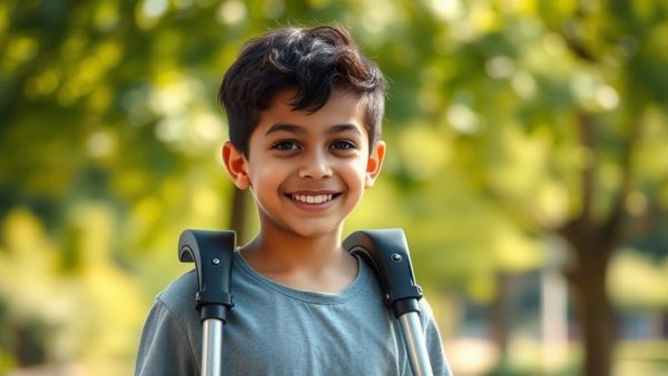 Confident young boy with crutches outdoors under sunlight, heroic expression.