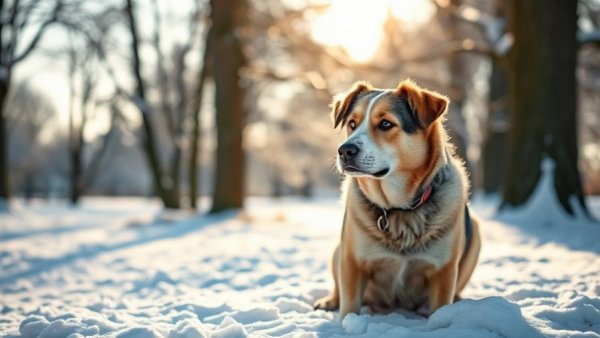 Dog in snowy park appearing contemplative; Can dogs get the winter blues?