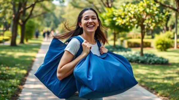GoodGym community fitness movement volunteer carrying bag in a park.