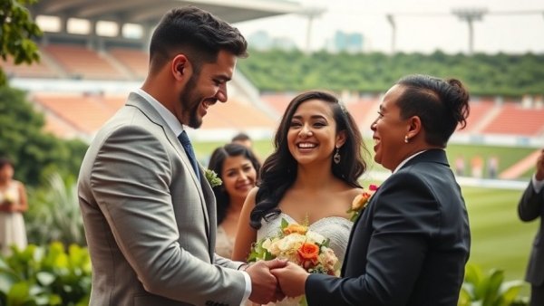 Bad Bunny Super Bowl Halftime Wedding celebration, diverse outdoor scene