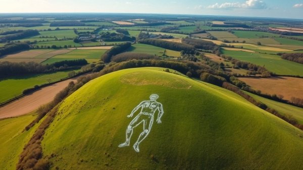 Aerial view of Cerne Abbas Giant chalk figure on a hillside.