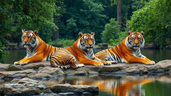 Three tigers by a water body illustrating India tiger population increase.