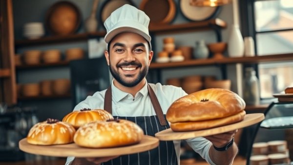 Smiling baker casually presenting pastries in a rustic bakery.
