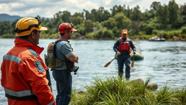 Good Samaritan Rescues Pregnant Woman: Rescue team monitors river rescue on the riverbank.