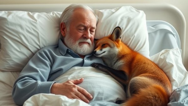 Dying Man's Final Wish: Elderly man with fox in hospital bed.