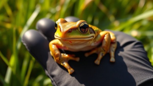 Australian frog held in gloved hand, conservation effort display.