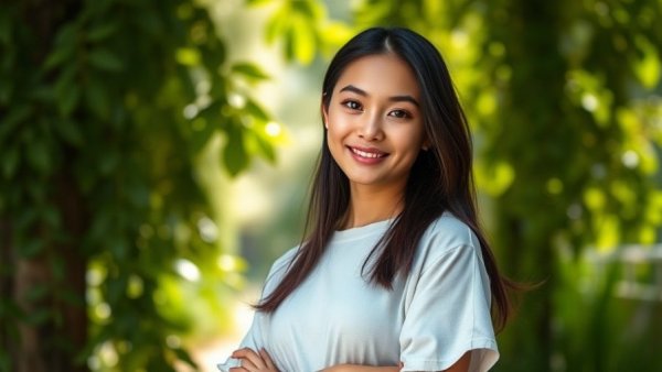 Confident young woman smiling outdoors, lush greenery, natural light.