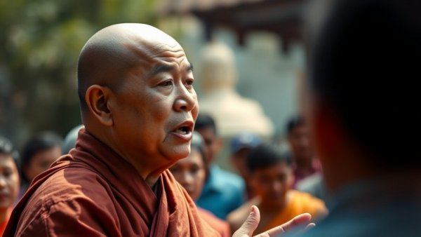 Buddhist monk addressing crowd with microphone, close-up shot.