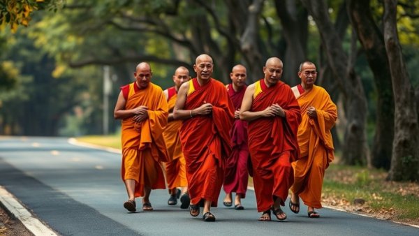 Buddhist monks walk for peace along a tree-lined road.