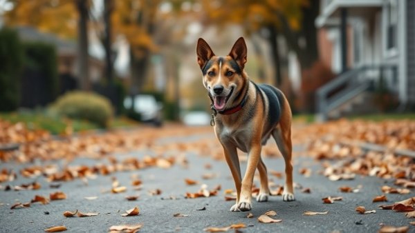 Alert dog stands on leaf-covered ground, guiding.