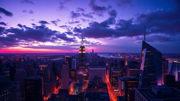 Aerial view of city at twilight highlighting environmental benefits of congestion pricing.