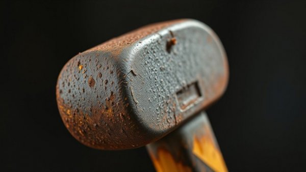 Close-up of rusty sledgehammer head against dark background.