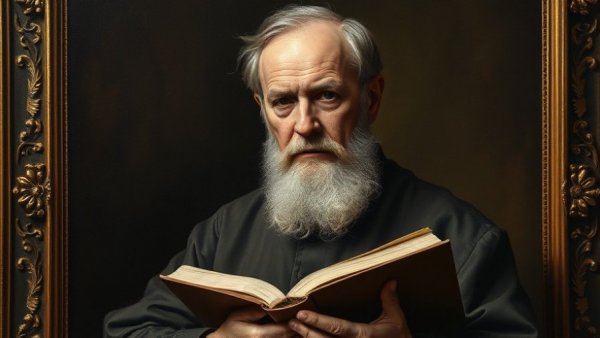 Renaissance art of a man with book, mysterious background.