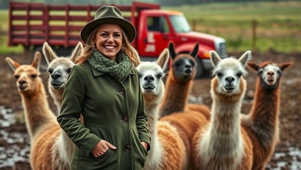 A joyful woman with llamas in a muddy field near a truck.