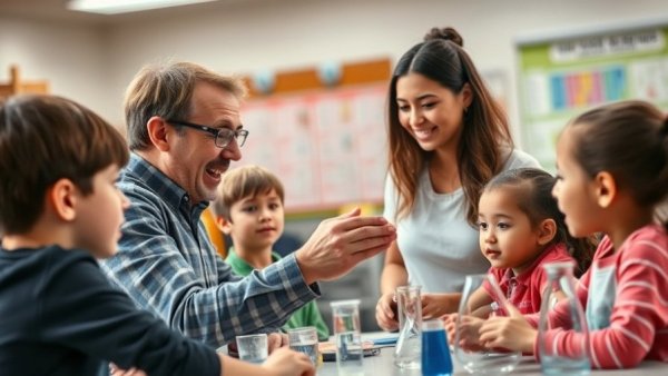 Children's camp activity with teacher demonstrating a science experiment.