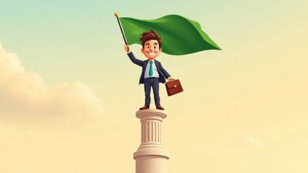 Illustration of business leader on column with flag and briefcase.