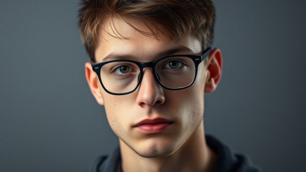 Portrait of young man with glasses, neutral expression.
