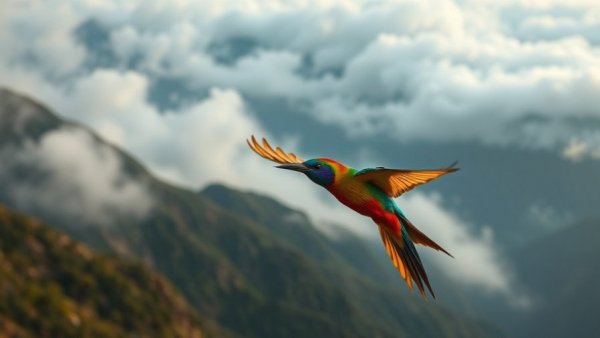 Good News Thursday: Colorful bird flying over misty mountains.
