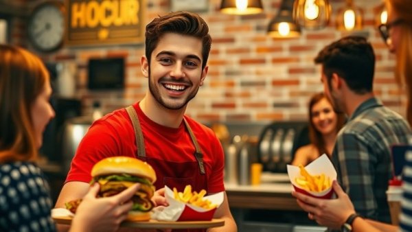 Restaurant expansion strategies: Happy customers being served in a lively restaurant.