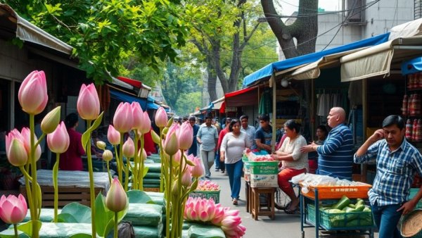 Kashmir market scene with lotus stems and vendors.