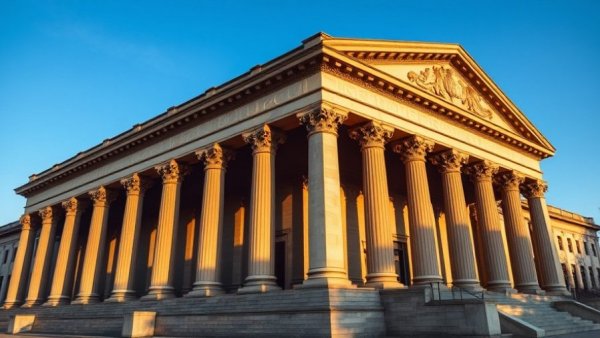 Grand government building with pillars and clear sky, symbolizing local governments political polarization.
