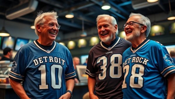 Joyful Detroit Lions fans having a Super Bowl encounter indoors.