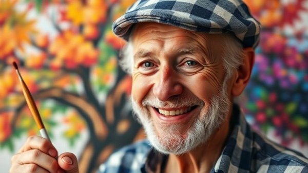 Smiling elderly man with brush holding tribute to carers painting.