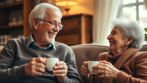 Joyful elderly couple enjoying tea in cozy room, representing senior citizens matchmaking agency.