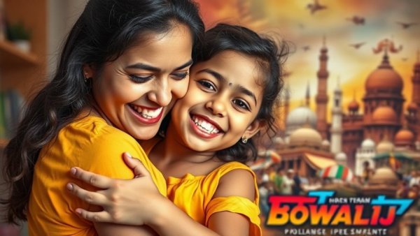 Joyful mother-child hug and vibrant Bollywood movie poster, love beyond romance.