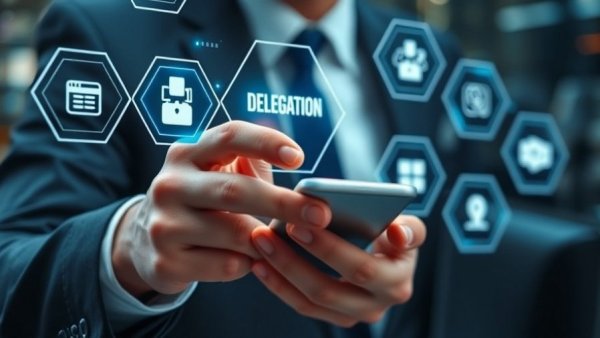 The importance of delegation in leadership shown through a futuristic digital interface.