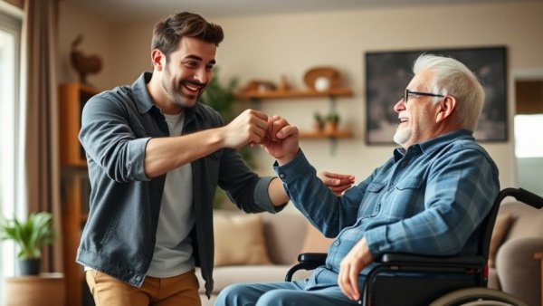 Act of kindness friendship: Young man and older man sharing joyful moments indoors.