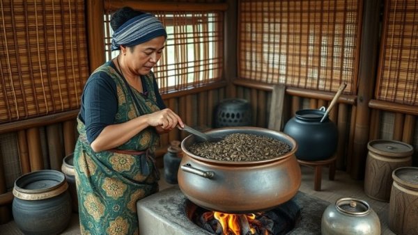 Traditional tea preparation in Assam: Indigenous woman cooking over a rustic stove.