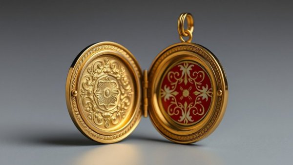 Elegant antique gold locket with engravings on gray background.