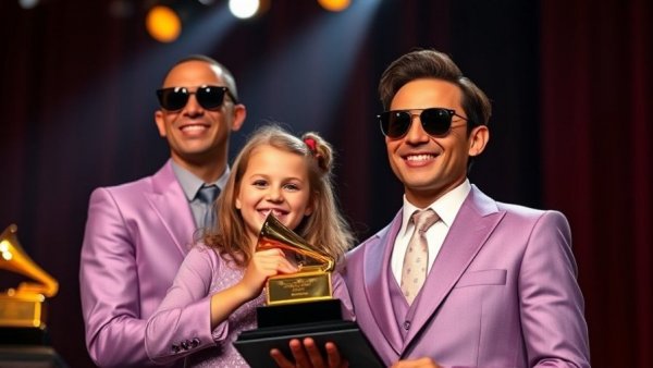 Youngest Grammy winner holding award with man on stage.