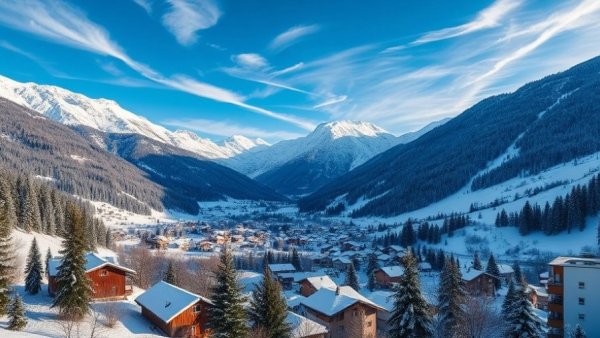 Winter village nestled in snowy mountains under blue sky.
