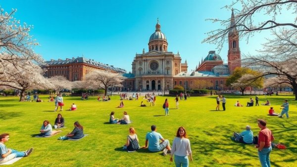 People enjoying a park in Vienna by a cathedral, spring scene.