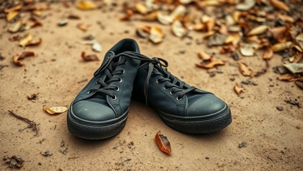 Worn sneakers on sand, highlighting sneaker recycling programs.