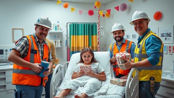 Cleveland construction workers showing kindness to a young girl with gifts in a hospital room.