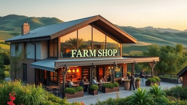 Modern urban farm shop with greenery and outdoor seating.