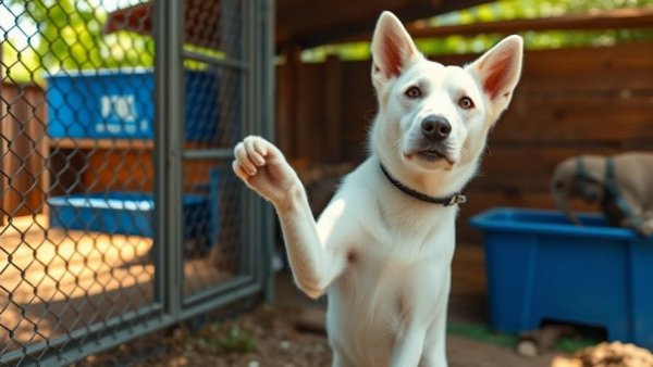 White dog in kennel during animals rescue operation in Arkansas