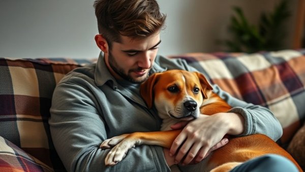 Young man comforting his dog, showing care for common pet health issues.
