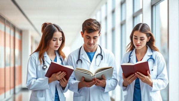Young medical students studying in bright corridor, symbolizing osteopathic education and economic growth.