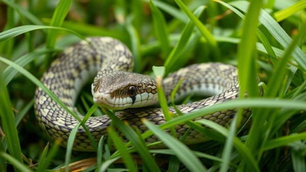 Close-up of a camouflaged snake in foliage, showcasing community biodiversity initiatives.