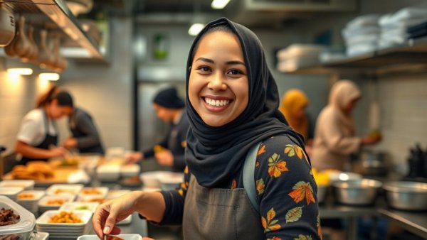 World Central Kitchen volunteer preparing Ramadan meals, smiling in busy kitchen.