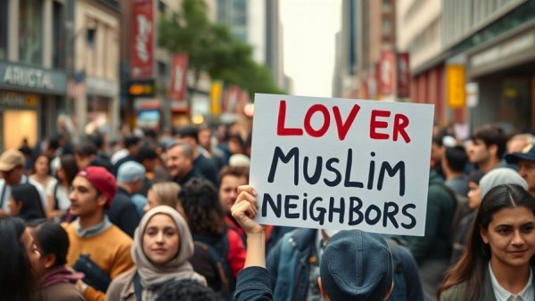 Ramadan Minnesota Muslim community gathering with supportive sign.